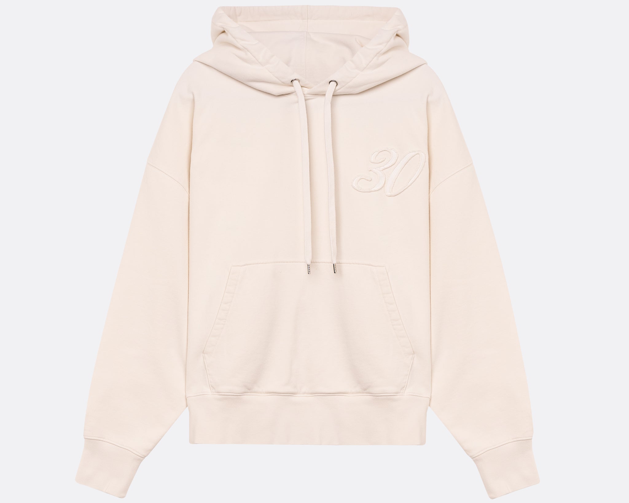 Sweatshirt unissexo com capuz da marca 30Fied, em tons de branco sujo. Modelo de manga comprida  oversized. Tecido confortável, modelo com capuz e com cordões ajustáveis.