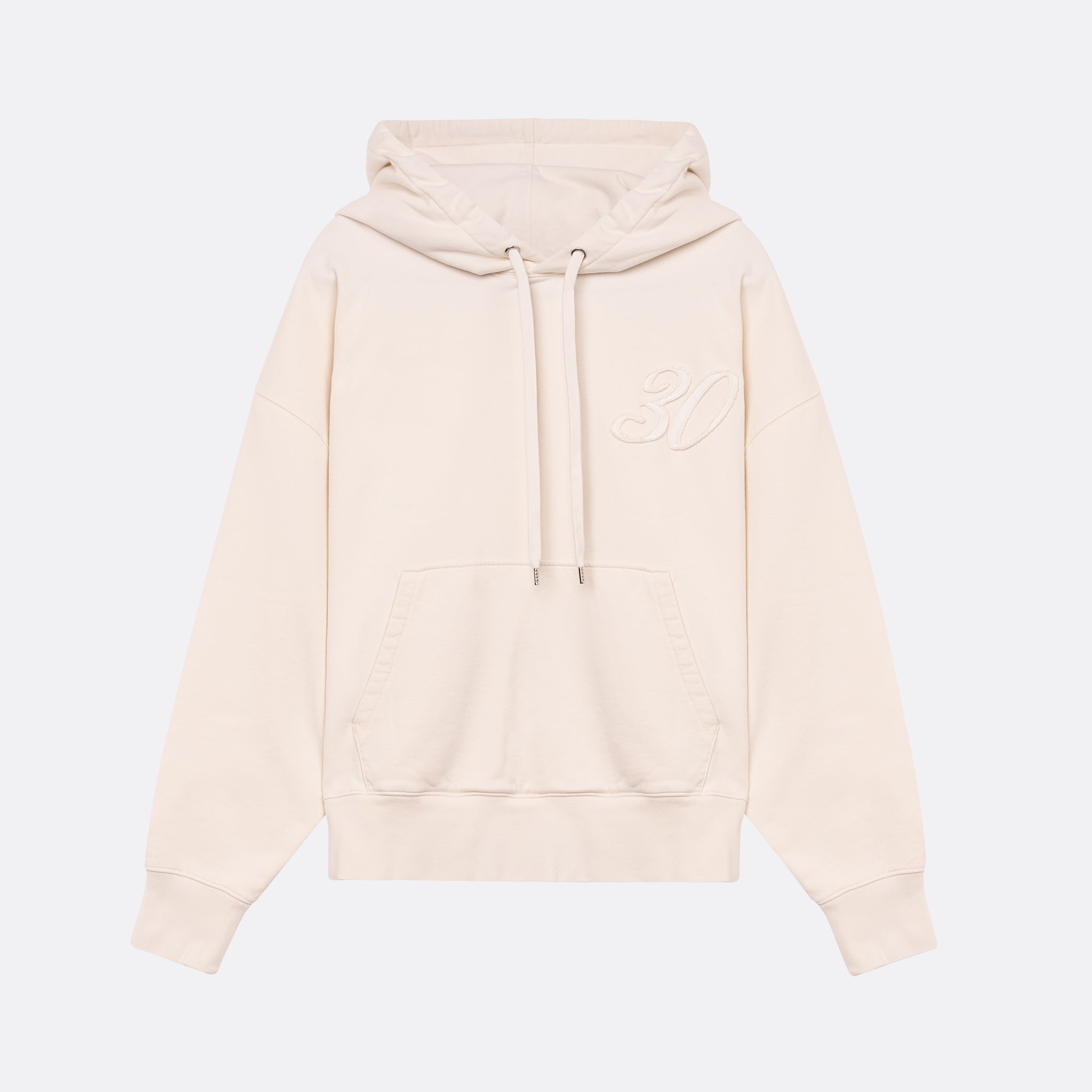 Sweatshirt unissexo com capuz da marca 30Fied, em tons de branco sujo. Modelo de manga comprida  oversized. Tecido confortável, modelo com capuz e com cordões ajustáveis.