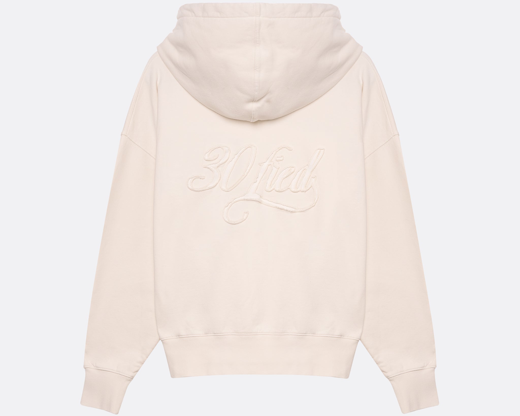 Sweatshirt unissexo com capuz da marca 30Fied, em tons de branco sujo. Modelo de manga comprida  oversized. Tecido confortável, modelo com capuz e com cordões ajustáveis.