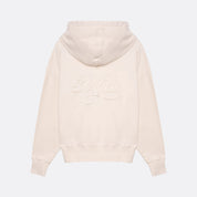 Sweatshirt unissexo com capuz da marca 30Fied, em tons de branco sujo. Modelo de manga comprida  oversized. Tecido confortável, modelo com capuz e com cordões ajustáveis.
