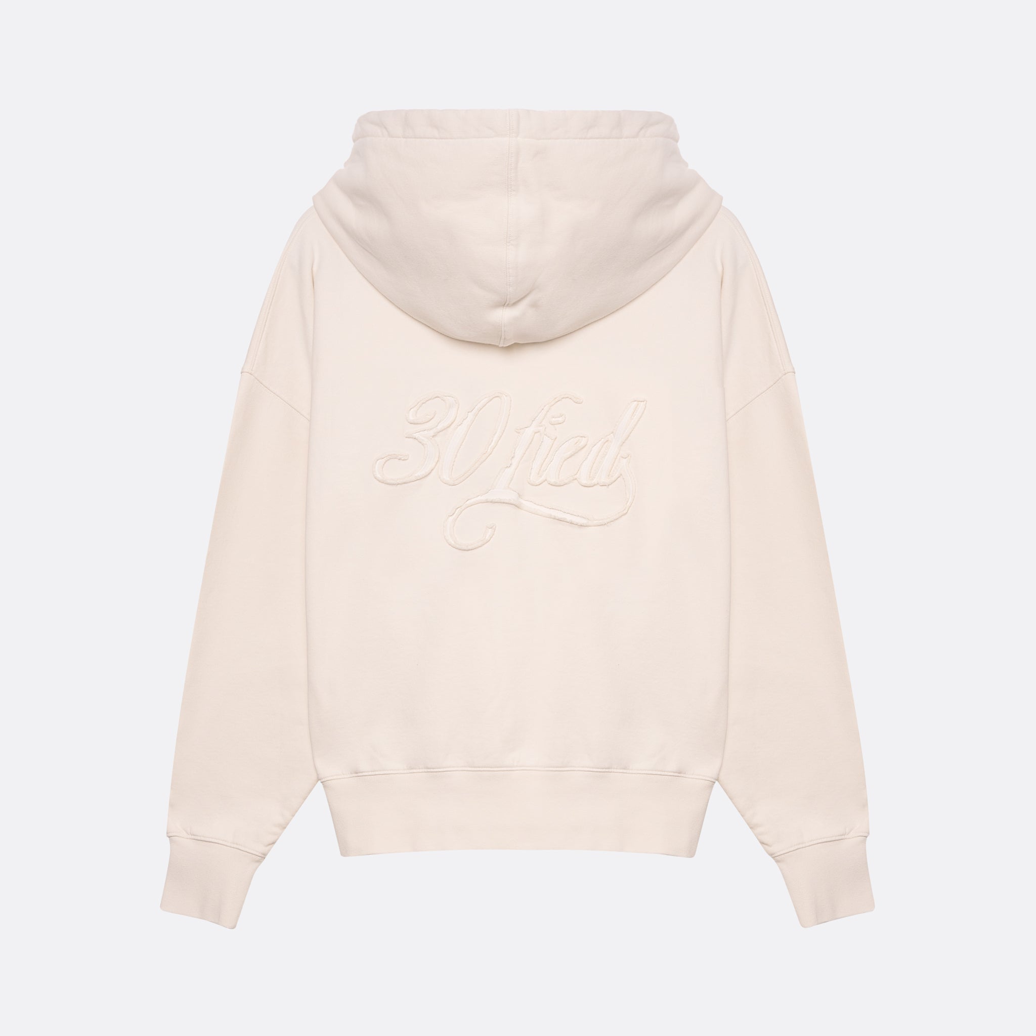 Sweatshirt unissexo com capuz da marca 30Fied, em tons de branco sujo. Modelo de manga comprida  oversized. Tecido confortável, modelo com capuz e com cordões ajustáveis.