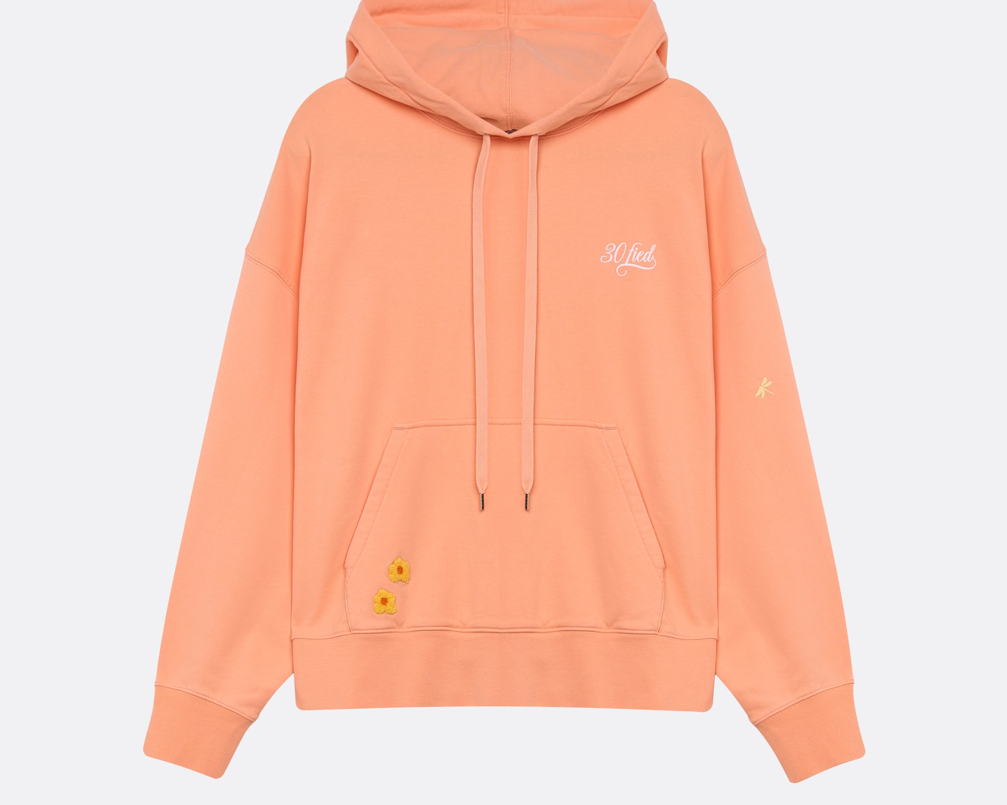 Sweatshirt unissexo com capuz da marca 30Fied, em tom coral. Modelo oversized de manga comprida, com capuz e cordões ajustáveis. Apresenta bordados e estampados diferenciadores que destacam o design.