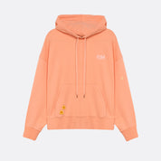Sweatshirt unissexo com capuz da marca 30Fied, em tom coral. Modelo oversized de manga comprida, com capuz e cordões ajustáveis. Apresenta bordados e estampados diferenciadores que destacam o design.