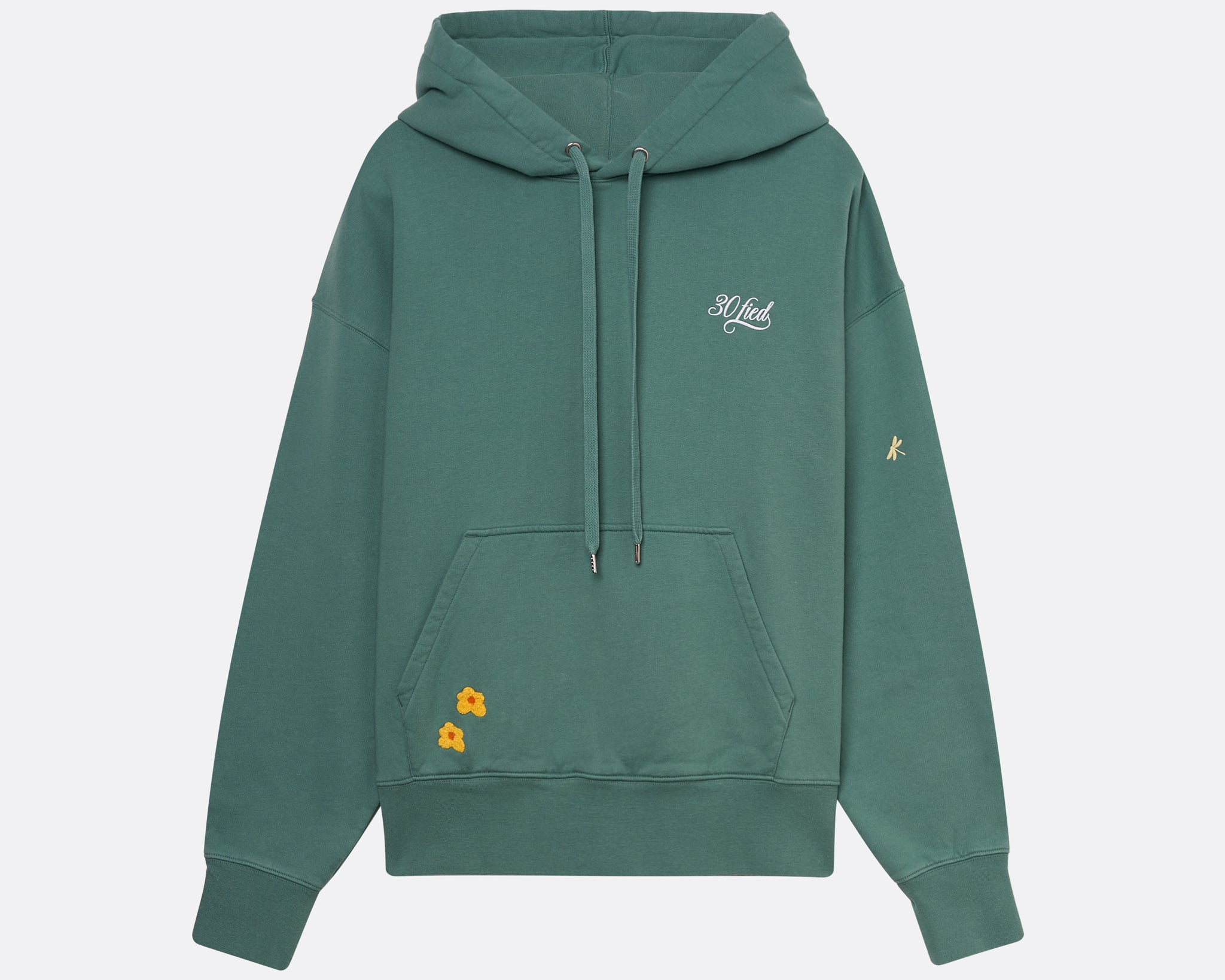 Sweatshirt unissexo com capuz da marca 30Fied, em tom verde. Modelo oversized de manga comprida, com capuz e cordões ajustáveis. Apresenta bordados e estampados diferenciadores que destacam o design.