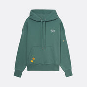 Sweatshirt unissexo com capuz da marca 30Fied, em tom verde. Modelo oversized de manga comprida, com capuz e cordões ajustáveis. Apresenta bordados e estampados diferenciadores que destacam o design.