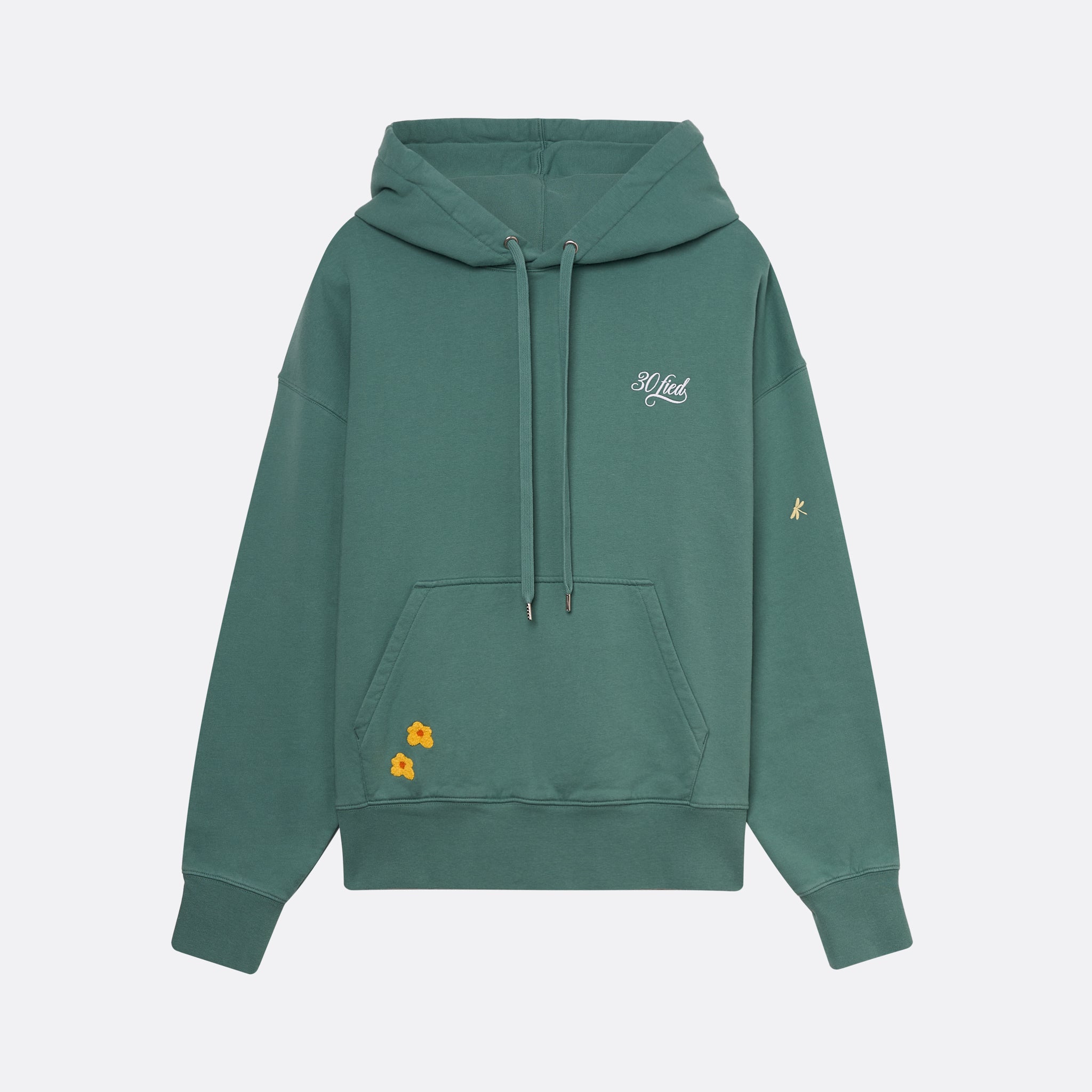 Sweatshirt unissexo com capuz da marca 30Fied, em tom verde. Modelo oversized de manga comprida, com capuz e cordões ajustáveis. Apresenta bordados e estampados diferenciadores que destacam o design.